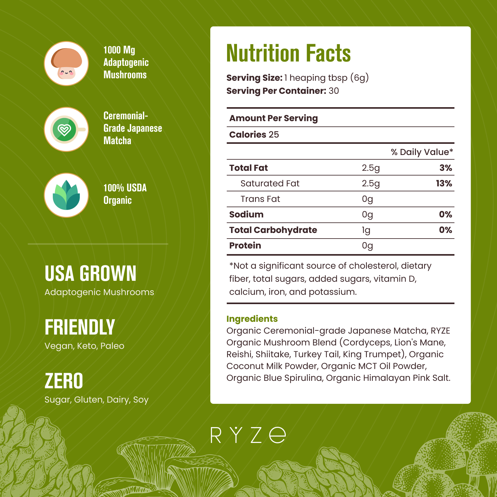 RYZE RYZE Mushroom Matcha - with 6 Organic Adaptogenic Mushrooms Grown In USA and Ceremonial-Grade Japanese Matcha